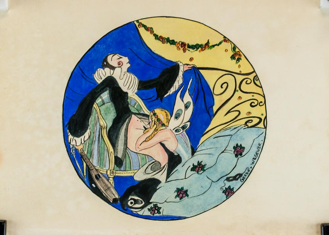 Gerda Wegener Danish Art Deco Watercolor on Paper: Watercolor on paper. Featuring portrait of two women. Signed alongside edge Gerda Wegener. Stamped on verso Galerie Beyeler Paris. Another stamp inscribed GALERIE MATHIAS FELS & C / 138 BOUL HAUSSMANN