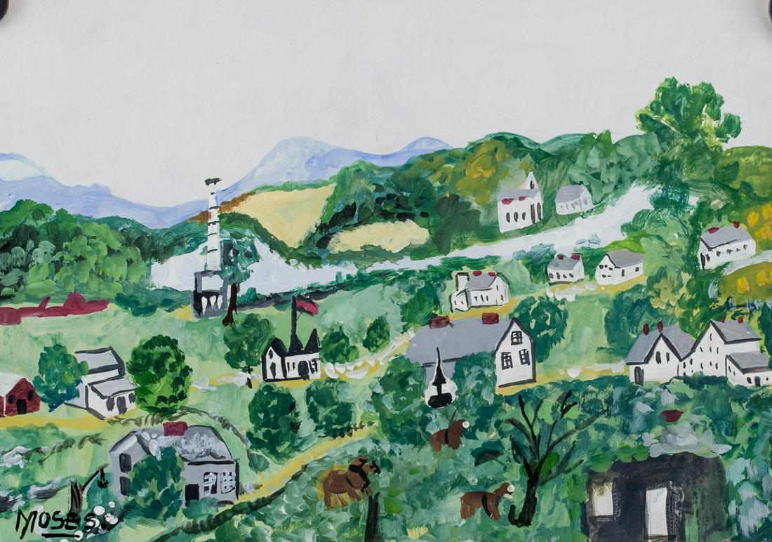 Grandma Moses Hudson School Gouache on Paper: Gouache on paper. Featuring a landscape scene. Signed MOSES on the lower left corner. Stamped THE EXHIBITION OF AMERICAN MODERNISTS and inscribed HM. 96 on verso. Attributed to Grandma Moses (1860-196