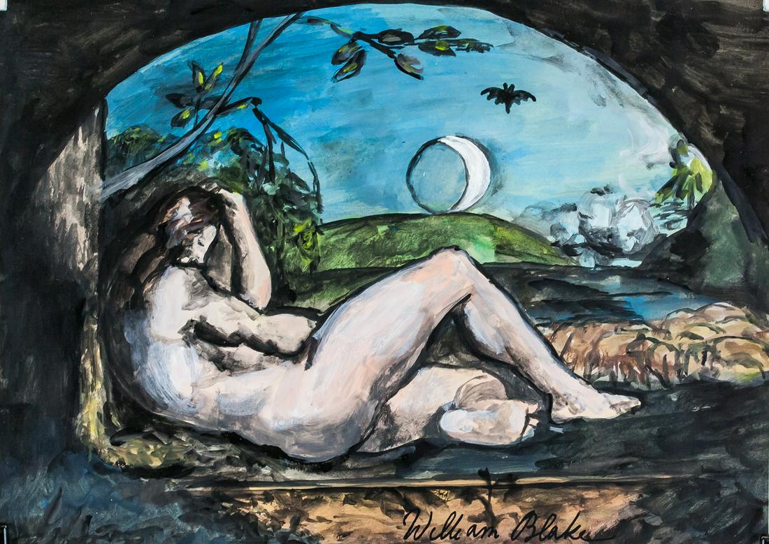 William Blake British Romanticist Gouache on Paper: Gouache on paper. Featuring a nude reclining against landscape. Signed William Blake on the lower right corner. Stamped and inscribed Waddell-NY 3152, verso. Stamped F Wiegand and ANTIQUE GALLERIES on
