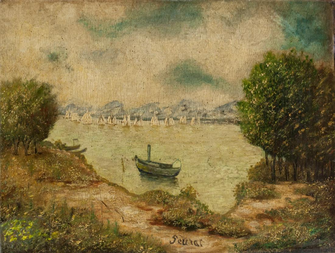 Georges Seurat French Modernist Oil on Board: Oil on canvas, mounted on board. Featuring a seascape scene of what appears to be Port-en-Bessin. Signed Seurat near the lower edge. Attributed to Georges Seurat (1859-1891, French). 40.6 x 30.5 (16 x