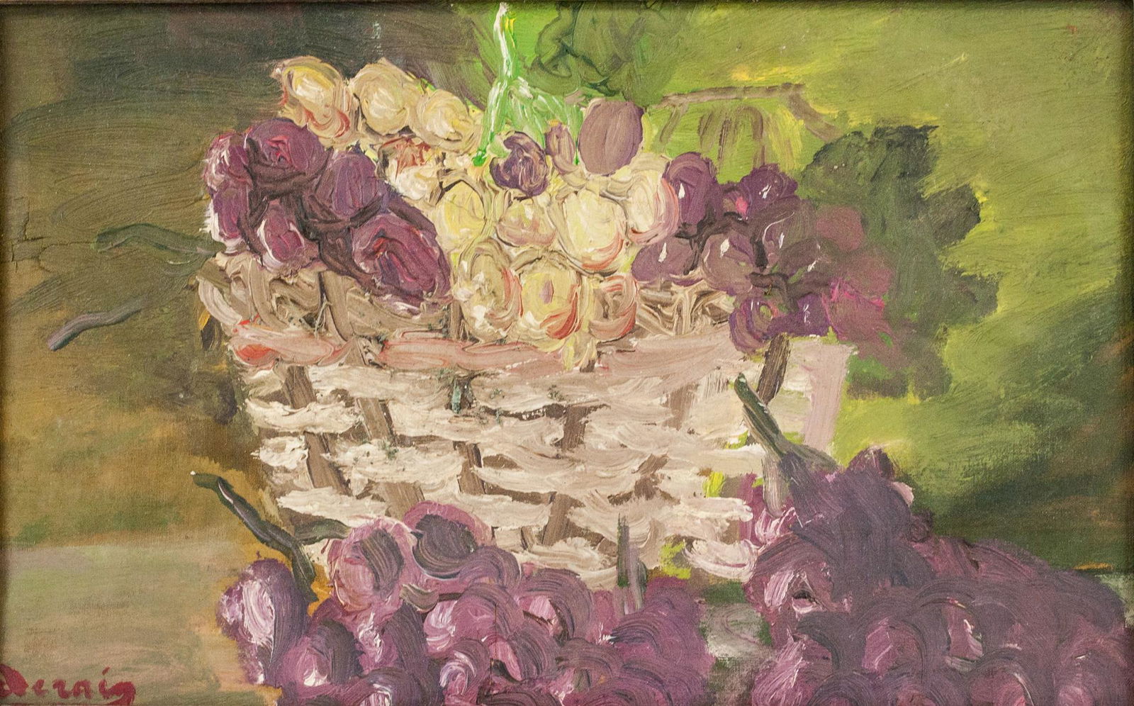 Andre Derain French Fauvist Oil on Canvas: Oil on canvas, framed. Featuring a still of grapes in basket. Signed Derain on the lower left corner. Attributed to Andre Derain (1880-1954, French). 18 x 29 cm (7 x 11.25 inches). Framed size: 28 x 3