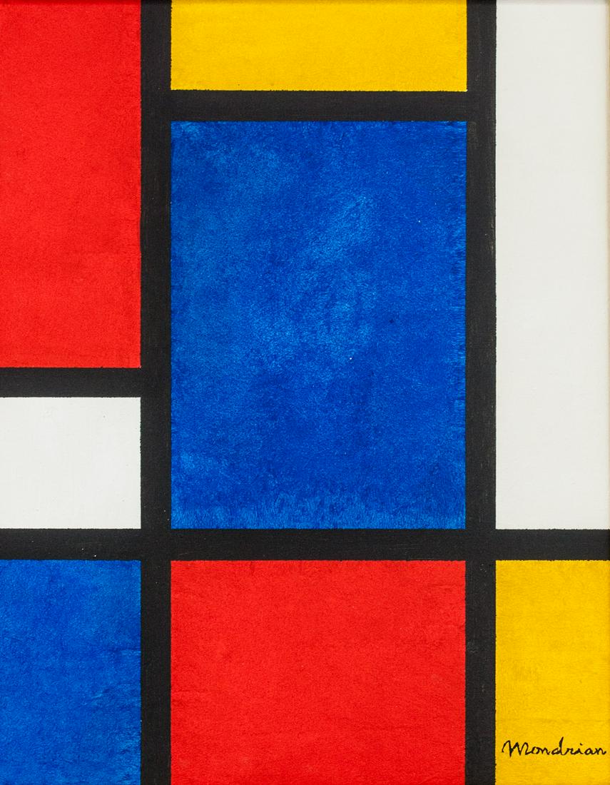 Piet Mondrian Dutch De Stijl Oil on Canvas: Oil on canvas, framed. Featuring an abstract expressionist composition of red, blue, yellow, and white. Signed Mondrian on the lower right corner. Attributed to Piet Mondrian (1872-1944, Dutch). 50 x 