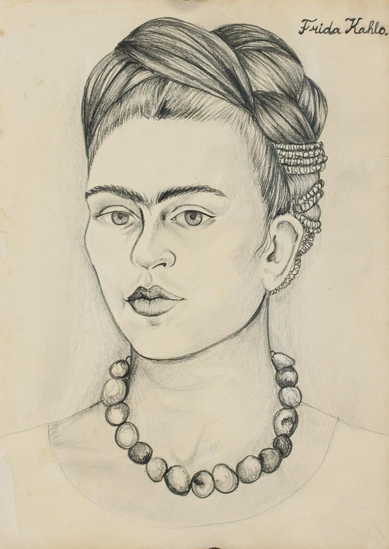 Frida Kahlo Mexican Surrealist Pencil on Paper: Pencil on paper. Featuring a self-portrait. Signed Frida Kahlo on the upper right corner. Attributed to Frida Kahlo (1907-1954, Mexican). 33 x 24 cm (13 x 9.25 inches). PROVENANCE: Southern Ontario es
