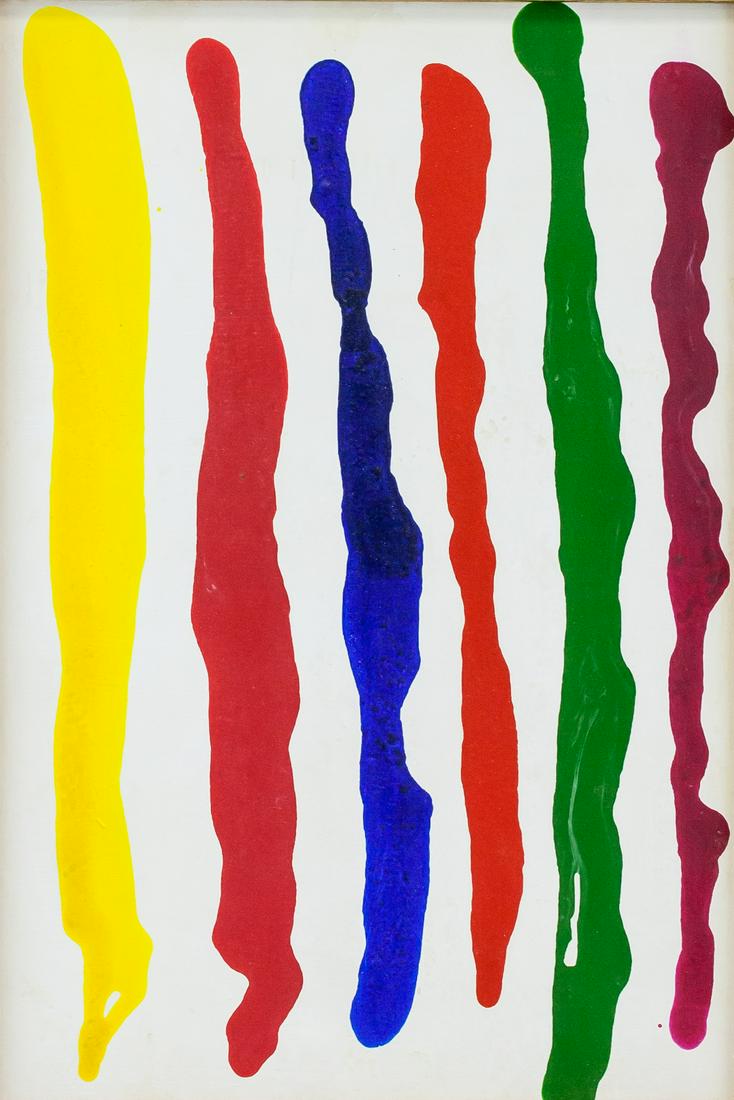 Morris Louis American Modernist Oil on Canvas: Oil on canvas, framed. Featuring an abstract expressionist composition. Signed M. Louis on verso of canvas. Attributed to Morris Louis (1912-1962, American). 48.5 x 33 cm (19 x 13 inches). PROVENANCE: