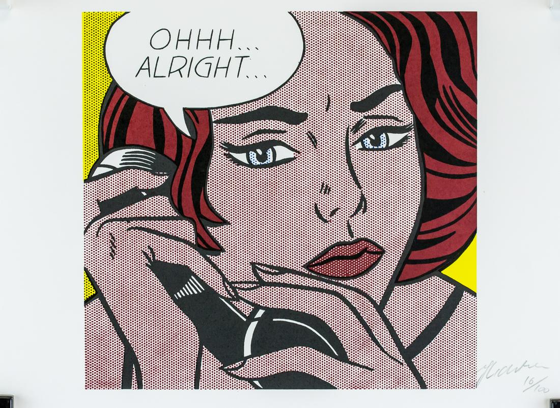Roy Lichtenstein American Pop Signed Litho 16/100: Lithograph on paper. Featuring a portrait of a woman, "OHHH ... ALRIGHT ... Signed Roy Lichtenstein and inscribed 16/100 on the lower right corner. Inscribed RL 965 and stamped CONTEMPORARY ART, INC.,