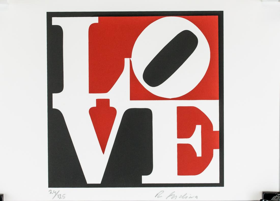 Robert Indiana American Pop Signed Litho 24/125: Lithograph on paper. Featuring LOVE in big letters agaginst background of red and black. Signed R Indiana inscribed 24/125 on the lower right and lower left corner, respectively. Stamped INTERNATIONAL