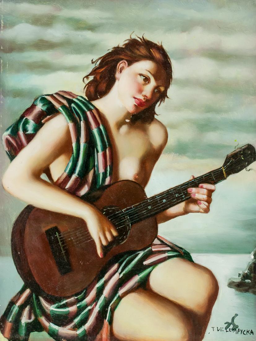 Tamara de Lempicka Polish Art Deco Oil on Board: Oil on board. Featuring a nude instrumentalist. Signed T DE LEMPICKA on the lower right corner. Label affixed to verso inscribed Tamara de Lempicka 1898-1980 and stamped Galerie Beyeler PARIS on verso