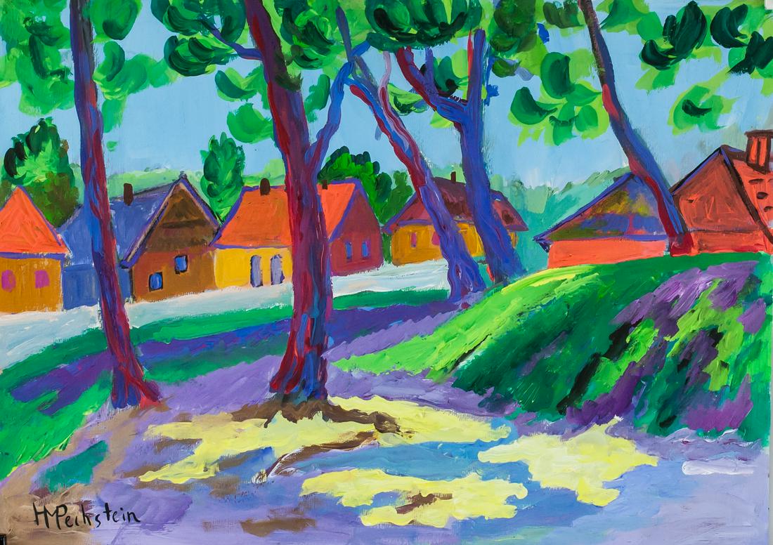 Max Pechstein German Expressionist Oil on Paper: Oil on paper. Featuring an expressionist landscape scene. Signed HMPeckstein on the lower left corner. Attributed to Max Pechstein (1881-1955, German). 30.5 x 43 cm (12.25 x 17 in). PROVENANCE: Southe