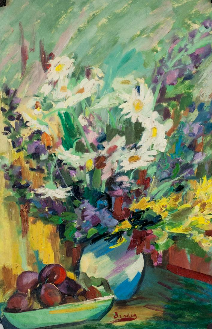 Andre Derain French Fauvist Oil on Paper: Oil on paper. Featuring a fauvist still life of fruits and vase with bouquet of flowers. Signed derain on the lower edge. Attributed to Andre Derain (1880-1954, French). 63 x 41 cm (24.75 x 16 inches)