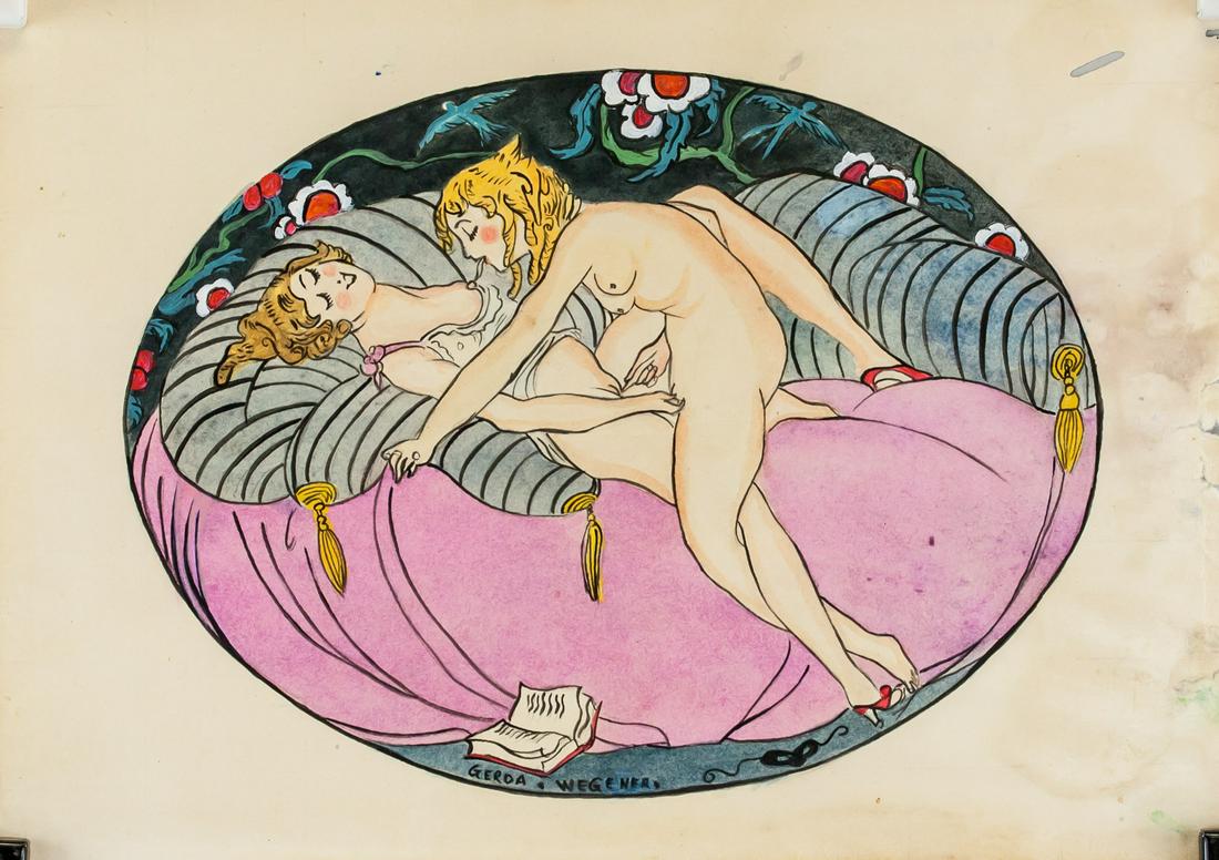 Gerda Wegener Danish Art Deco Watercolor on Paper: Watercolor on paper. Featuring portrait of two women. Signed alongside edge Gerda Wegener. Stamped on verso Galerie Beyeler Paris. Another stamp inscribed GALERIE MATHIAS FELS & C / 138 BOUL HAUSSMANN