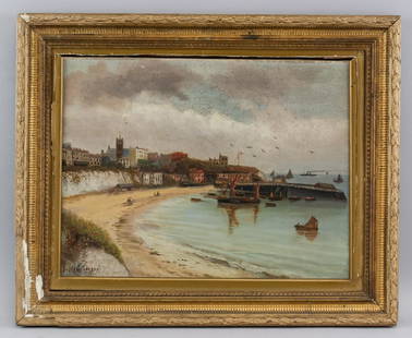 John Williamson American Hudson Oil on Canvas: Oil on canvas, framed. Featuring a coastal landscape scene. Signed J. Williamson on the lower left corner. Inscribed John Williamson (1826-1885) on verso. Inscribed on stretcher bar of verso J. WILLIA