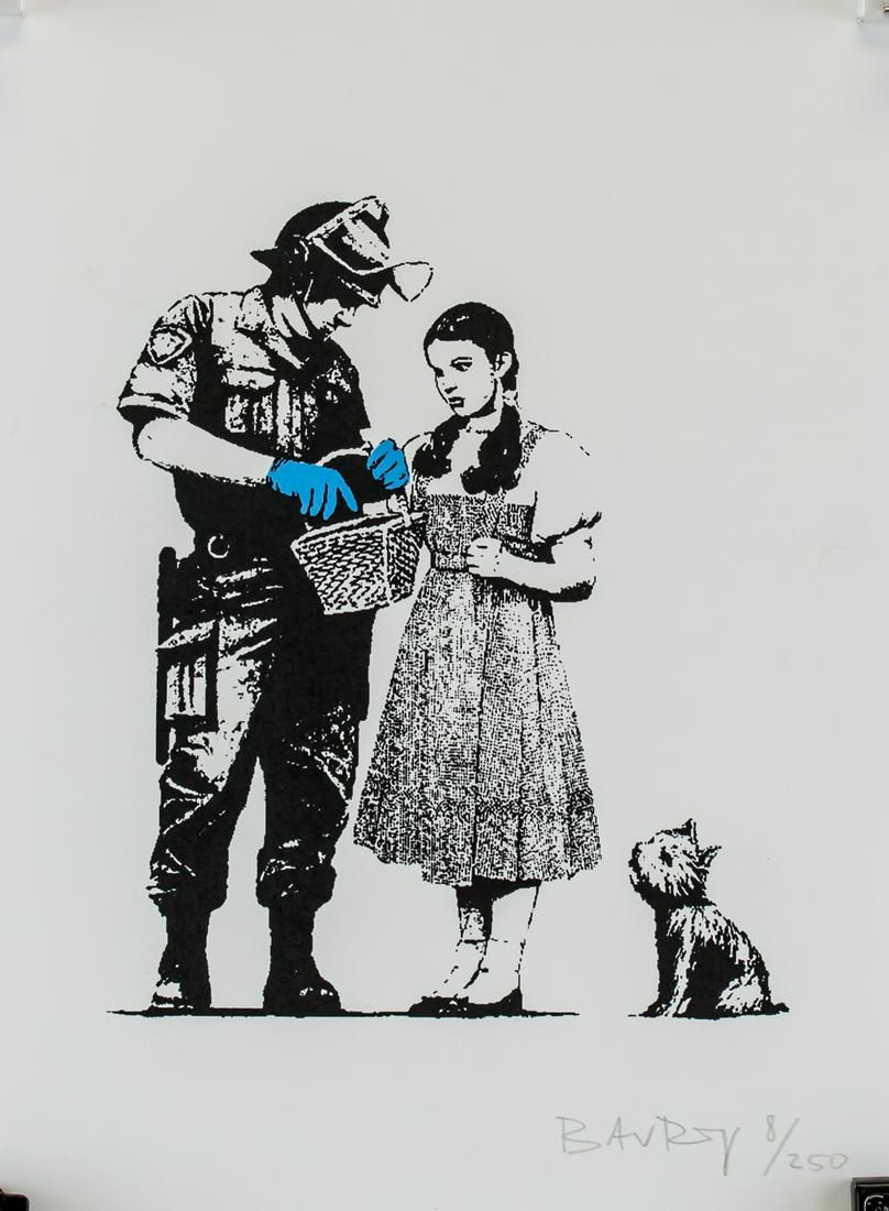 Banksy British Pop School Silkscreen 8/250: Silkscreen on paper. Featuring portrait of Dorothy with Toto beside a firefight. Signed BANKSY and inscribed 8/250 in pencil on the lower right corner. Inscribed #98 in pencil on the upper edge and in