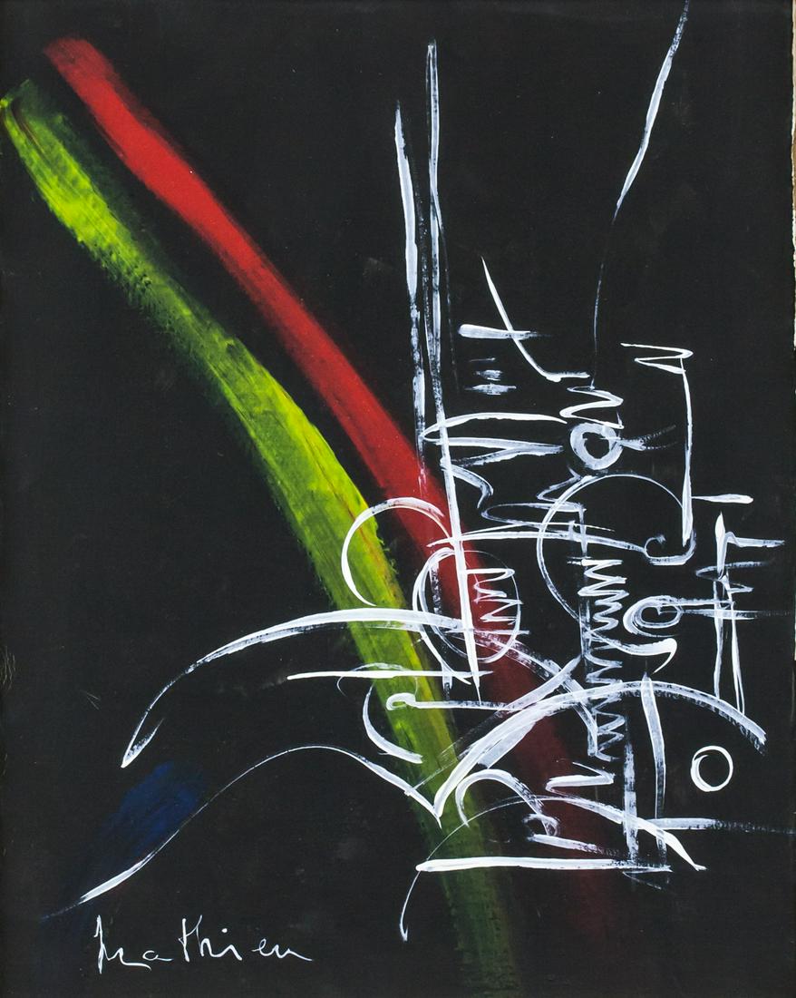 Georges Mathieu French Abstract Oil on Canvas: Oil on canvas, framed. Featuring an abstract expressionist composition. Signed Mathieu on the lower left corner. Attributed to Georges Mathieu (1921-2012, French). 50 x 40 cm (19.5 x 15 inches). Frame
