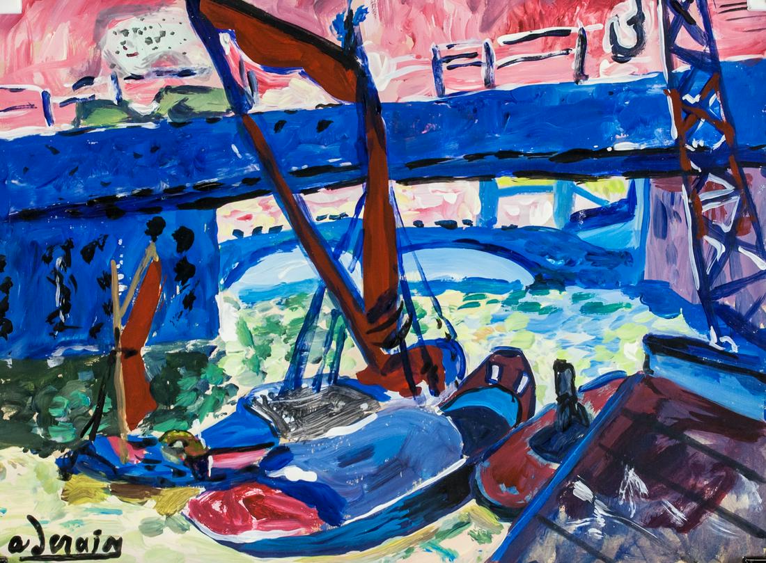 Andre Derain French Fauvist Gouache on Paper: Gouache on paper. Featuring a landscape scene. Signed a derain on the lower left corner. Inscribed D-64 and stamped DURET on the bottom edge. Attributed to Andre Derain (1880-1954, French). 20 x 27.5