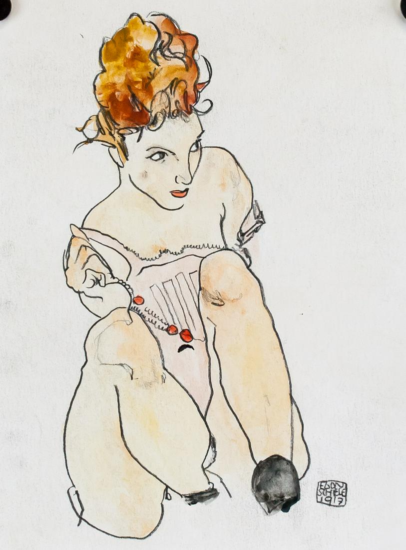 Egon Schiele Austrian Graphite Watercolor 1917: Graphite and watercolor on paper. Featuring a portrait of a woman. Signed EGON SCHIELE and inscribed 1917 on the lower right corner. Attributed to Egon Schiele (1890-1918, Austrian). 35.5 x 26.5 cm (1