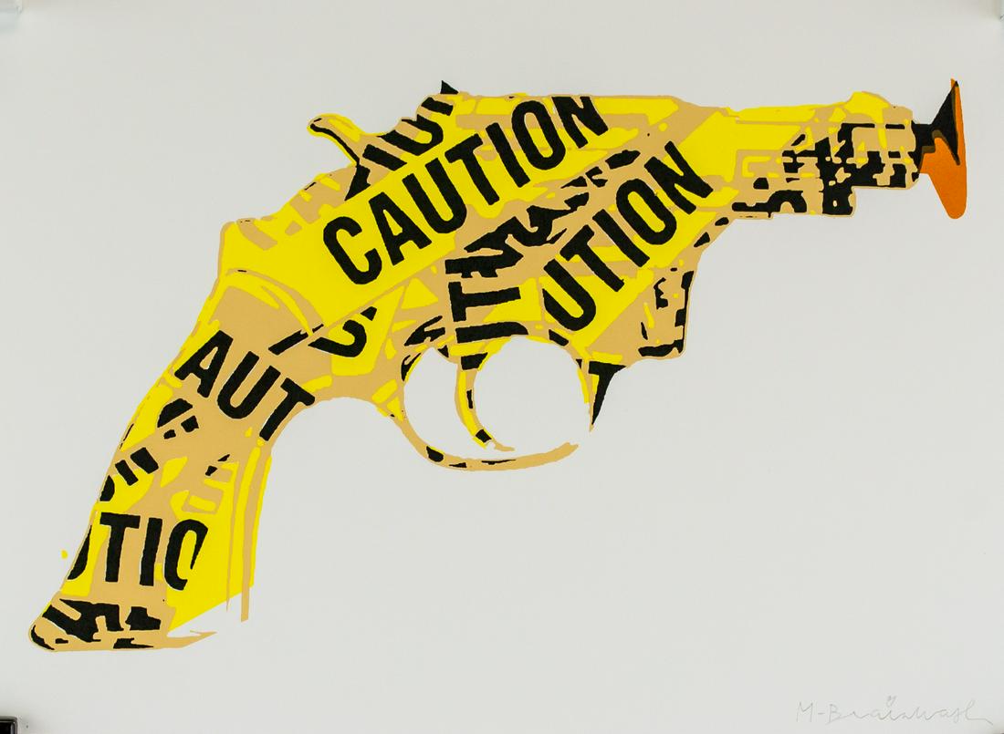 Mr. Brainwash French Pop Signed Litho 7/100: Lithograph on paper. Featuring a gun wrapped in caution tape. Signed M-Brainwash on the lower right corner. Inscribed 7/100 and 4796 and stamped ART FAIR, LONDON on verso. Attributed to Mr. Brainwash
