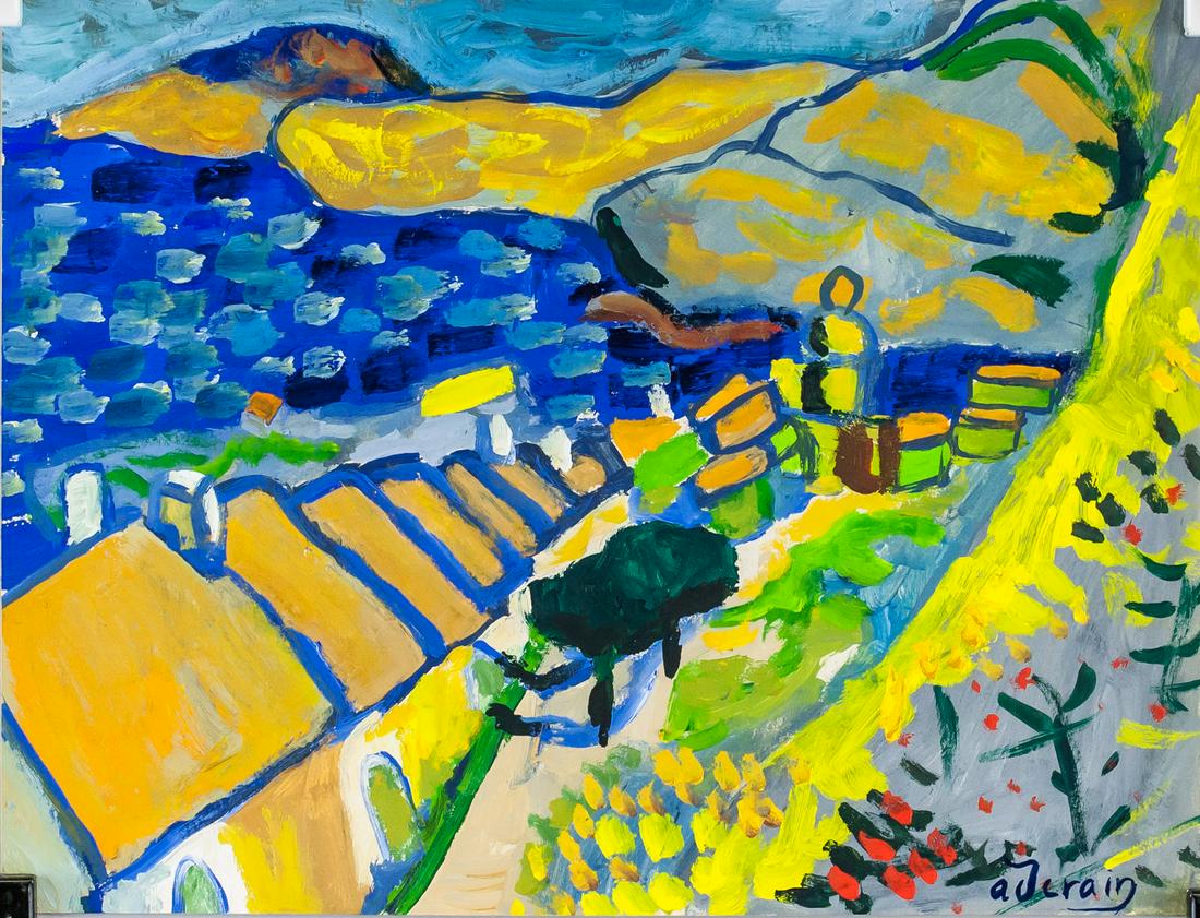 Andre Derain French Expressionist Oil on Paper: Oil on paper. Featuring an expressionist landscape scene. Signed a derain on the lower right corner. Inscribed 734 and stamped Ch. Beloe, verso. Attributed to Andre Derain (1880-1954, French). 19.5 x