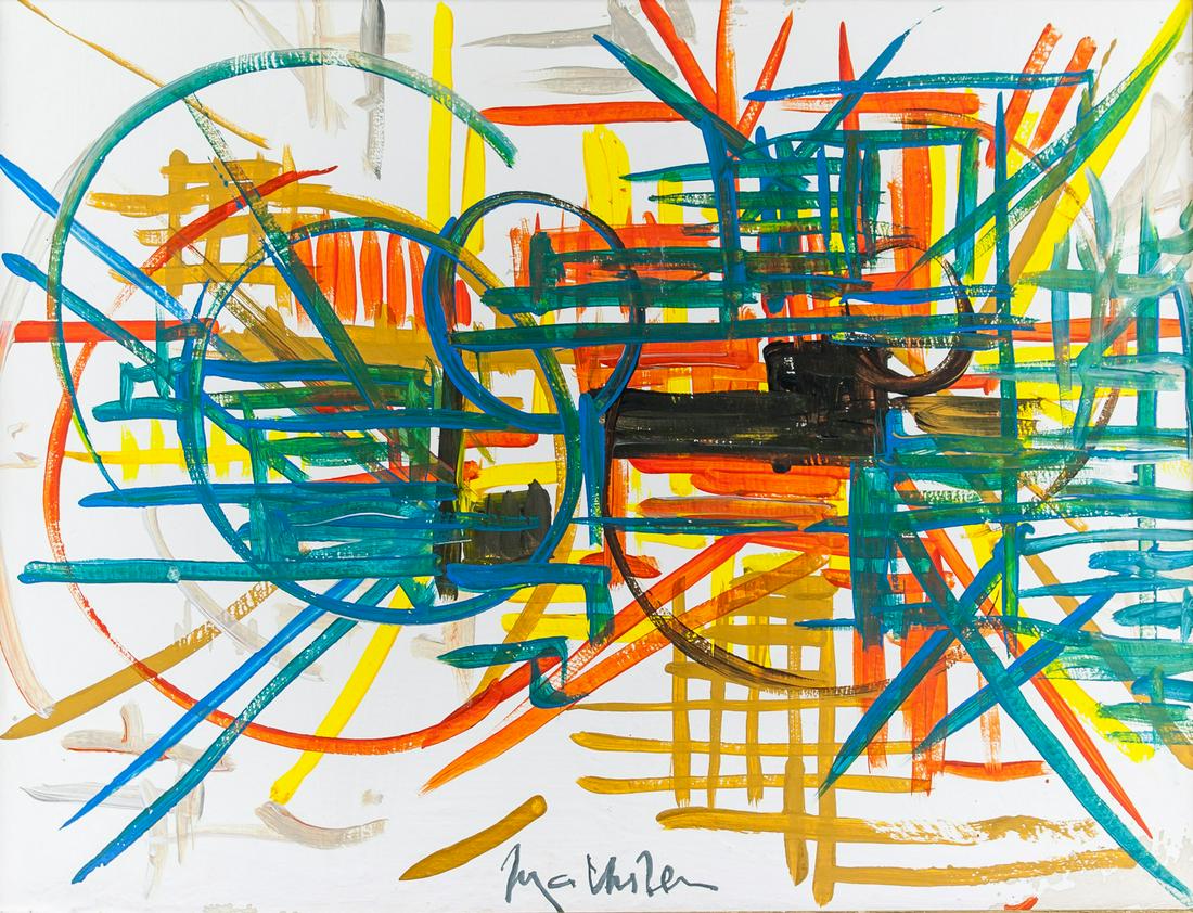 Georges Mathieu French Lyrical Abstract Oil/Canvas: Oil on canvas, stretched. Featuring an abstract composition. French Lyrical Abstract School. Signed Georges Mathieu on the bottom edge. Attributed to Georges Mathieu (1921-2012, French). 35.5 x 47 cm