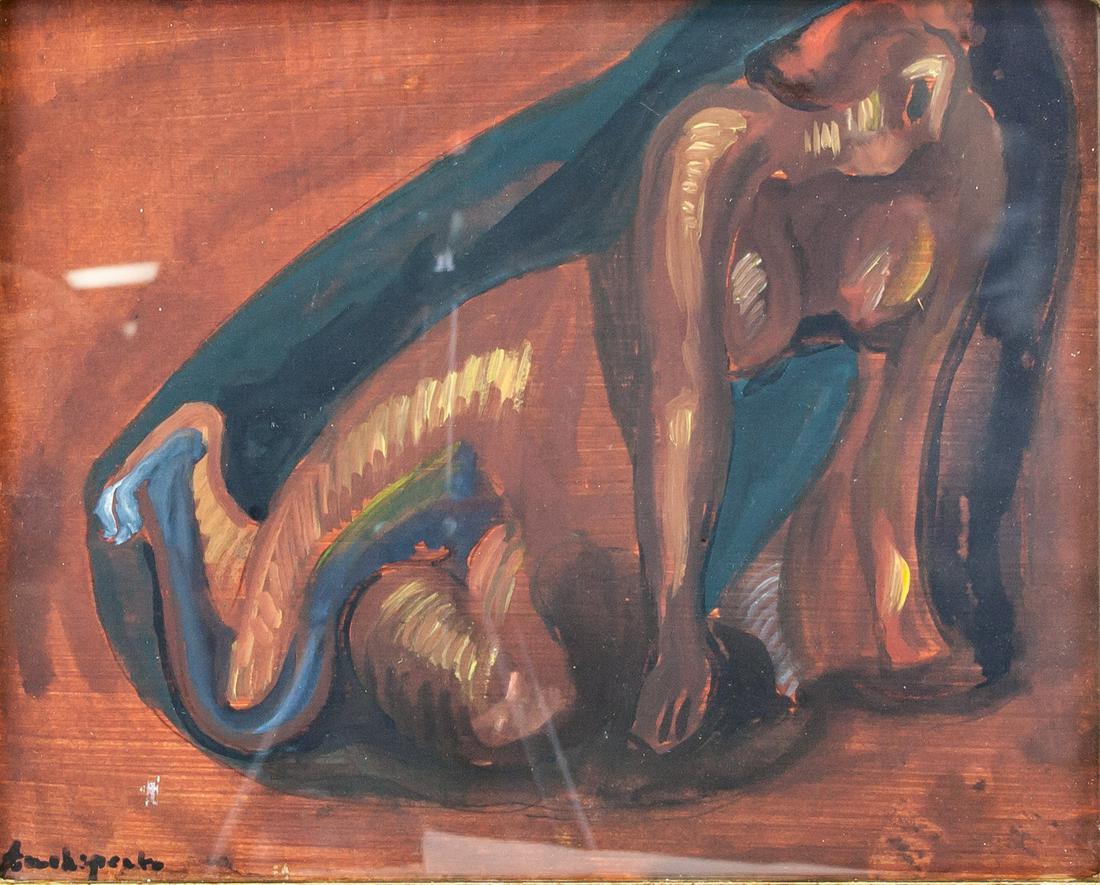 Alexander Archipenko American Cubist Gouache: Gouache and tempera on paper, framed. Featuring an abstract figure. Signed Archipenko on the lower left corner. Attributed to Alexander Archipenko (1887-1964, American). 18.8 x 24 cm (7.5 x 9.5 in) Fr