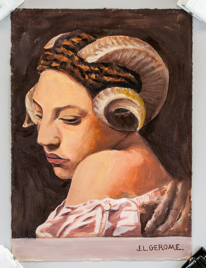 Jean-Leon Gerome French Academic Painting Signed: Acrylic on paper. Featuring a portrait in academic art. Signed J. L. Gerome on the lower right corner. Attributed to Jean-Leon Gerome (French, 1824-1904). 29.5 x 21 cm (11.6 x 8.3 inches) Minor waterm