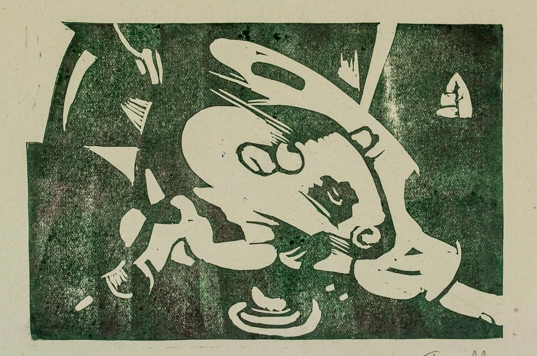 Franc Marc German Cubist Woodcut on Paper: Woodcut on paper. Featuring a cubist still. Signed Fr. Marc on the lower right corner and stamped Franz Marc on the upper right corner. Franz Marc stamped on verso. Attributed to Franz Marc (1880-1916