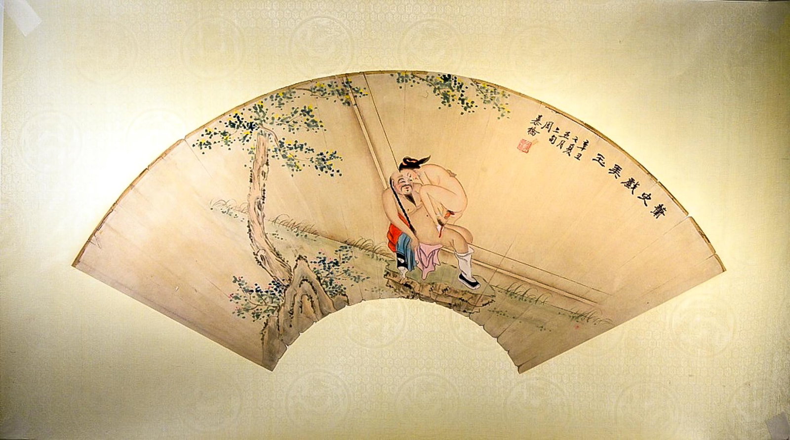 Zhou Muqiao 1860-1923 Chinese Watercolor Erotic: Ink and watercolor on fan paper roll. Featuring erotic scene. Signed Zhou Muqiao (1860-1923, Chinese), inscribed with one artist seal. 37 x 64 cm
