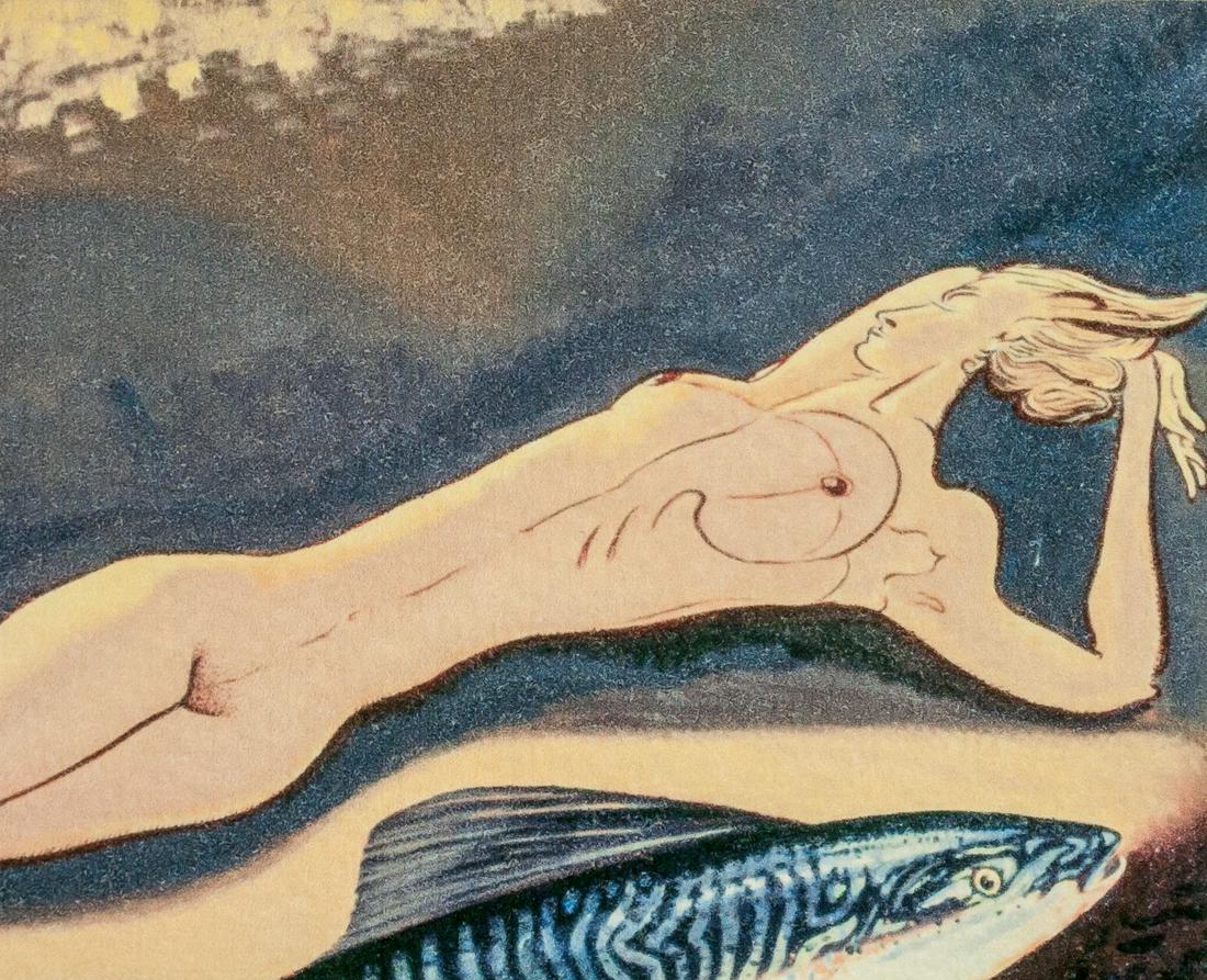 Man Ray US Dadaist Surrealist Signed Litho 41/100: Lithograph on paper. Featuring a nude alongside fish. Signed Man Ray and inscribed 41/100 on the lower right and lower left corner, respectively in pencil. Attributed to Man Ray (1890-1976, American).