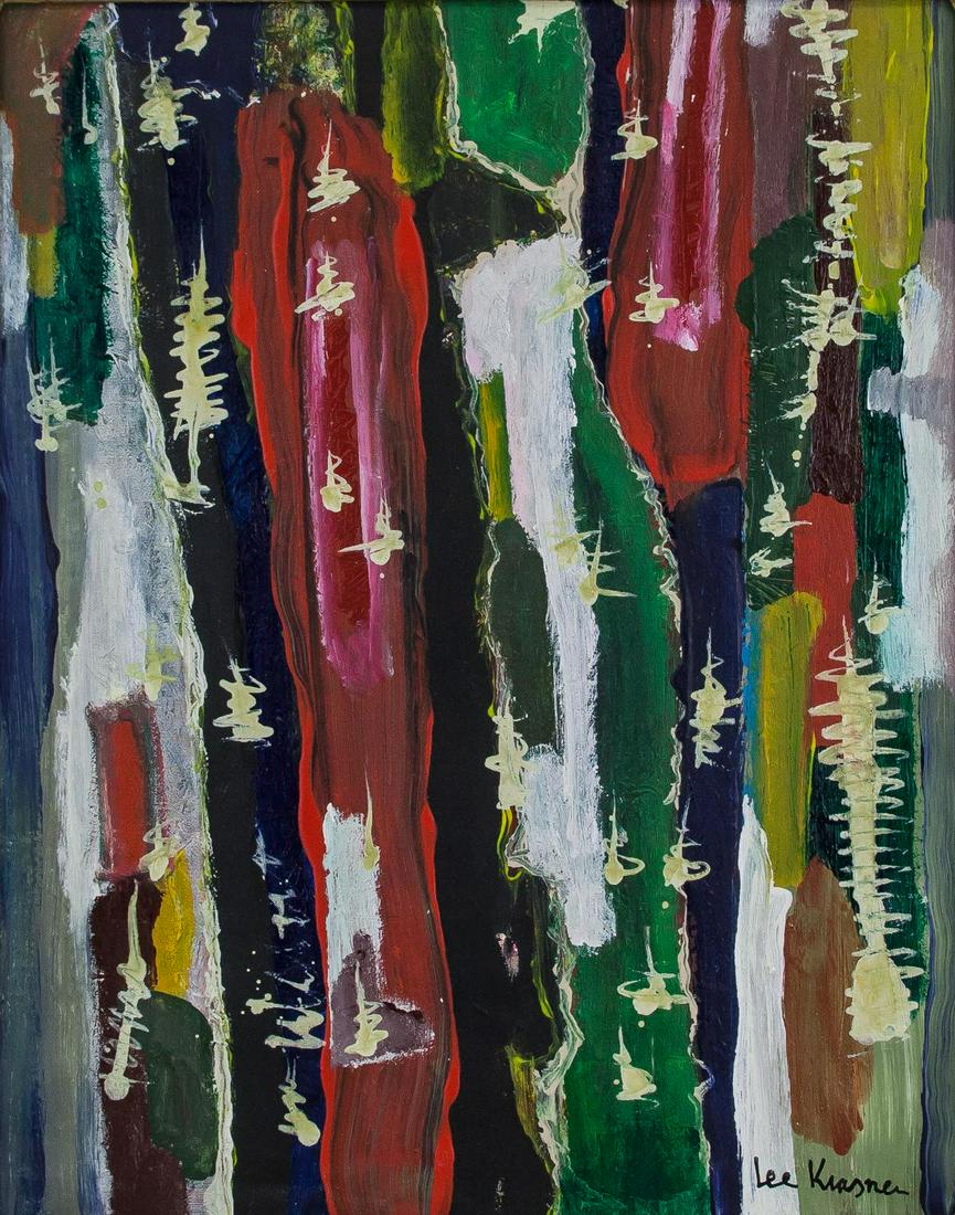 Lee Krasner American Abstract Oil on Canvas: Oil on canvas, framed. Featuring an abstract expressionist landscape composition. Signed Lee Krasner on the lower right corner. Inscribed on verso LAST WeeK '53 on verso. Attributed to Lee Krasner (19