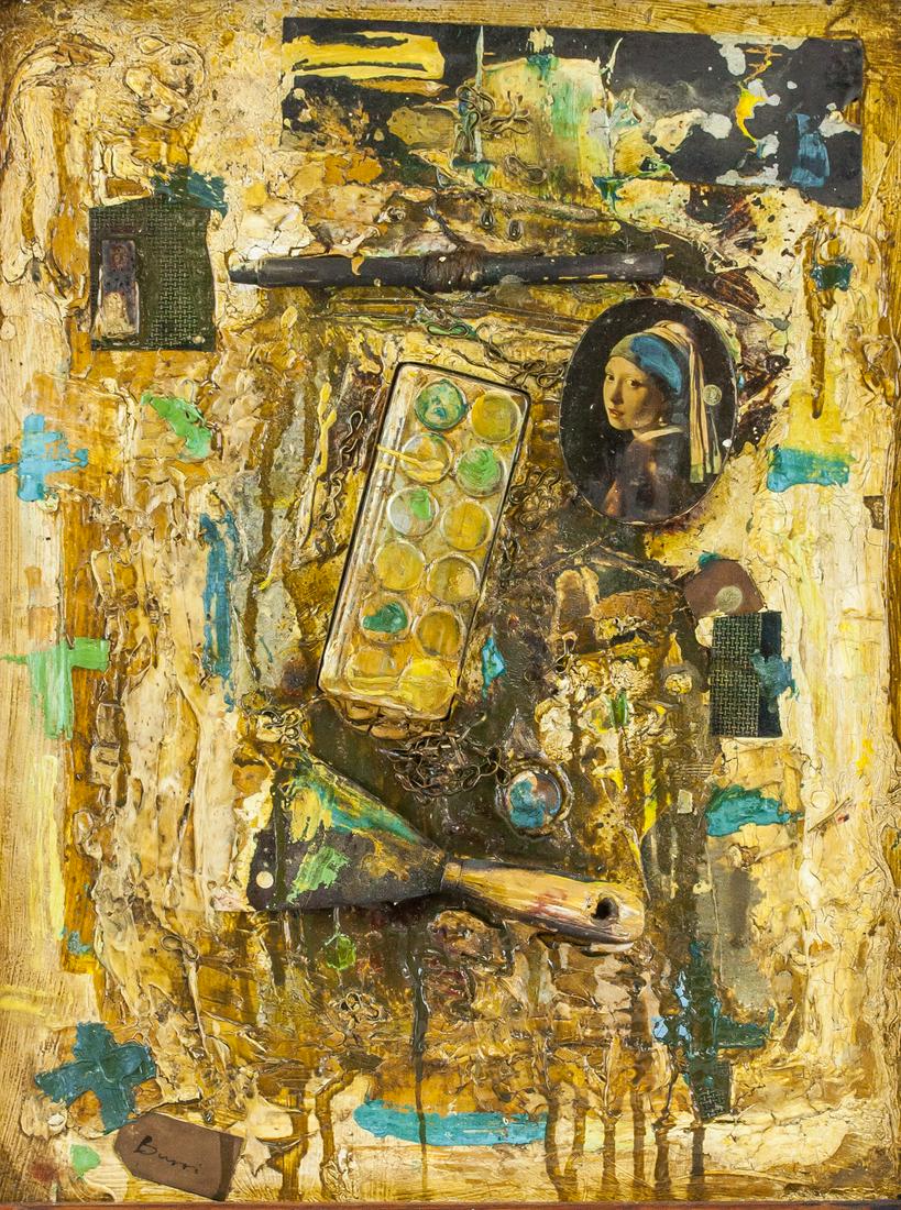 Alberto Burri Italian Mixed Media FOCUS HAUS 1992: Mixed media on board, framed. Featuring a collage with portrait of girl with pearl earring. Signed Burri on a label that is afffxed to collage on the lower edge of painting. Label affixed to verso ins