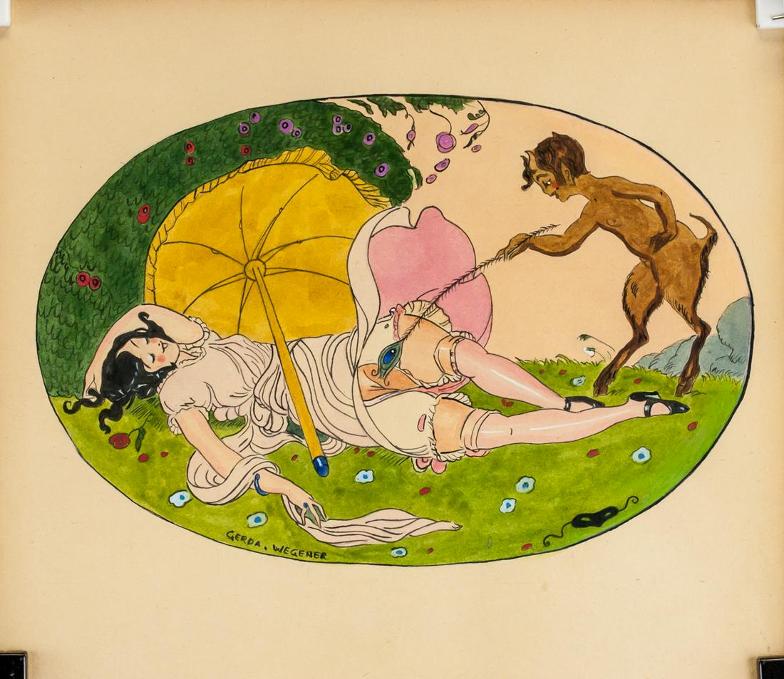 Gerda Wegener Danish Mixed Media BOUL HAUSSMANN: Mixed media on paper. Featuring erotic scene with a woman and a faun. Signed "Gerda Wegener" toward the bottom left. "Galerie Beyeler Paris" stamped on verso. "Galerie Mathias Fels & C 138. BOUL HAUSS