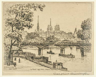 Caroline Armington 1875-1939 Canadian Signed Litho: Lithograph on paper, framed. Featuring Parisian scene. "Le Pont Des Arts Paris No. 2" printed in the bottom center. "C. Armington 1933" printed in the bottom left corner. Signed by Caroline Armington