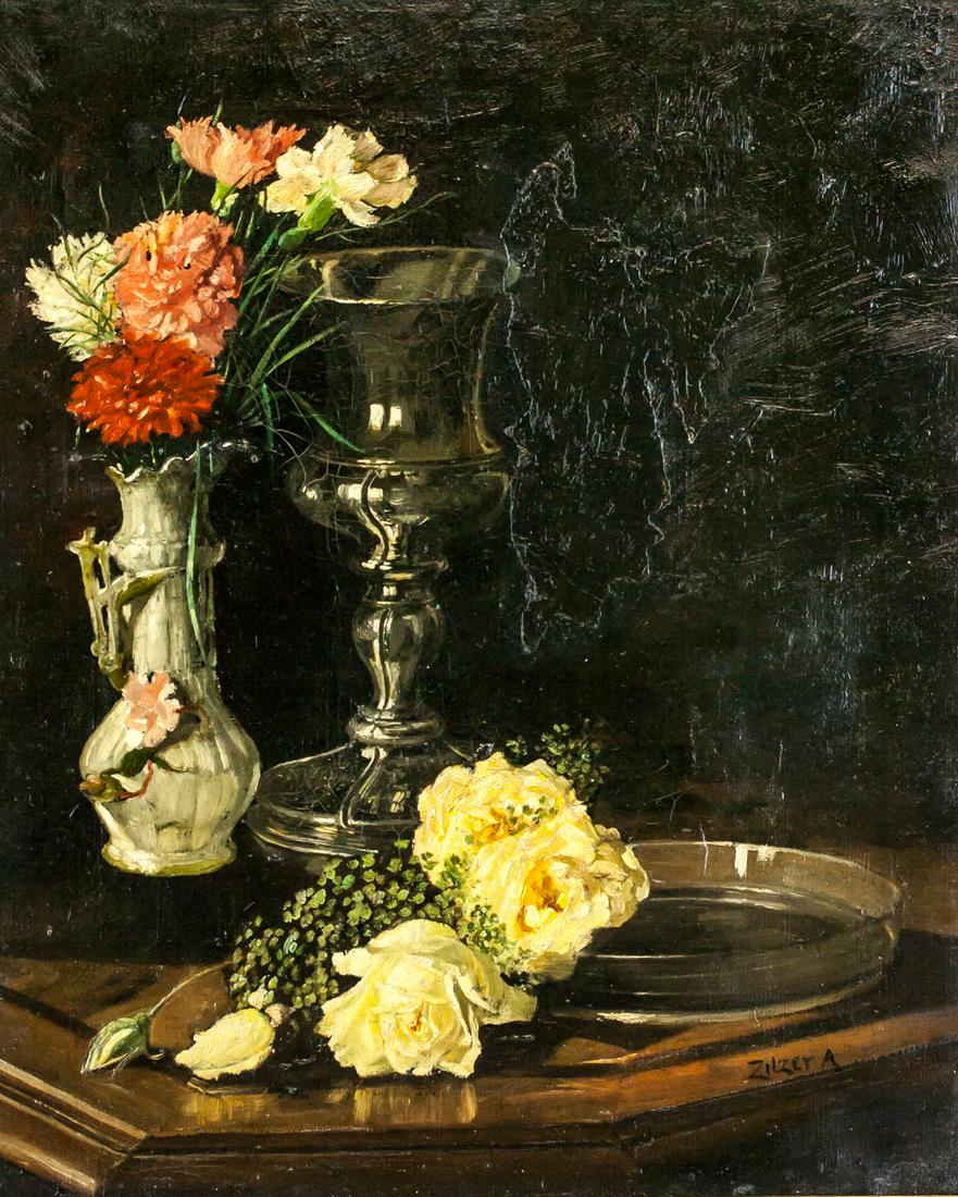 Anton Zilzer Hungarian Still Life Oil on Canvas: Oil on canvas, framed. Featuring a vases and flowers. Signed ZILZER A on the lower right corner. Label affixed to verso inscribed 27-619. Another label affixed to verso inscribed 276/C/302 Blumenstill