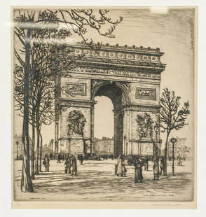 Caroline Armington Canadian Etching Print on Paper: Etching prion paper, framed. Featuring The Arc of Triumph in Paris. "C. ARMINGTON 1924" printed in the bottom left with "73/100" inscribed beneath it. "L'ARC DE TRIOMPHE, No. 2. PARIS" printed in the