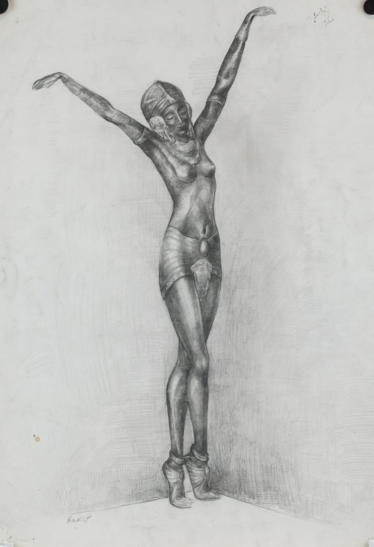 Leon Bakst Russian Art Nouveau Charcoal on Paper: Charcoal on paper. Featuring a portrait of a nude woman. Signed Bakst on the lower left corner. Attributed to Leon Bakst (1866-1924, Belarusian). 66 x 46 cm (26 x 18 in). PROVENANCE: This lot carries 