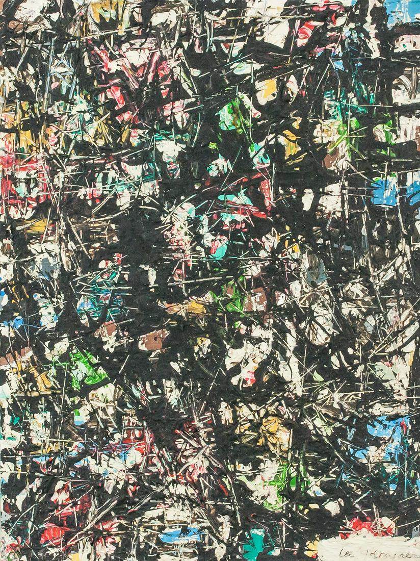 Lee Krasner American Abstract OOC Composition: Oil on canvas. Featuring an abstract composition. Signed "Lee Krasner" in the bottom right corner. Paper affixed to verso reads "Lee Krasner Abstract composition". Unclear, reversed stamp on verso. "C