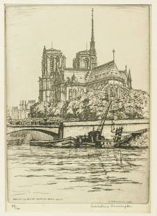 Caroline Armington 1875-1939 Canadian Signed Litho: Print on paper. Featuring Parisian scene. "Abside de Notre Dame De Paris No.2" printed in the bottom left corner, with "89/100" inscribed beneath. "C. Armington 1925" printed in the bottom right corne