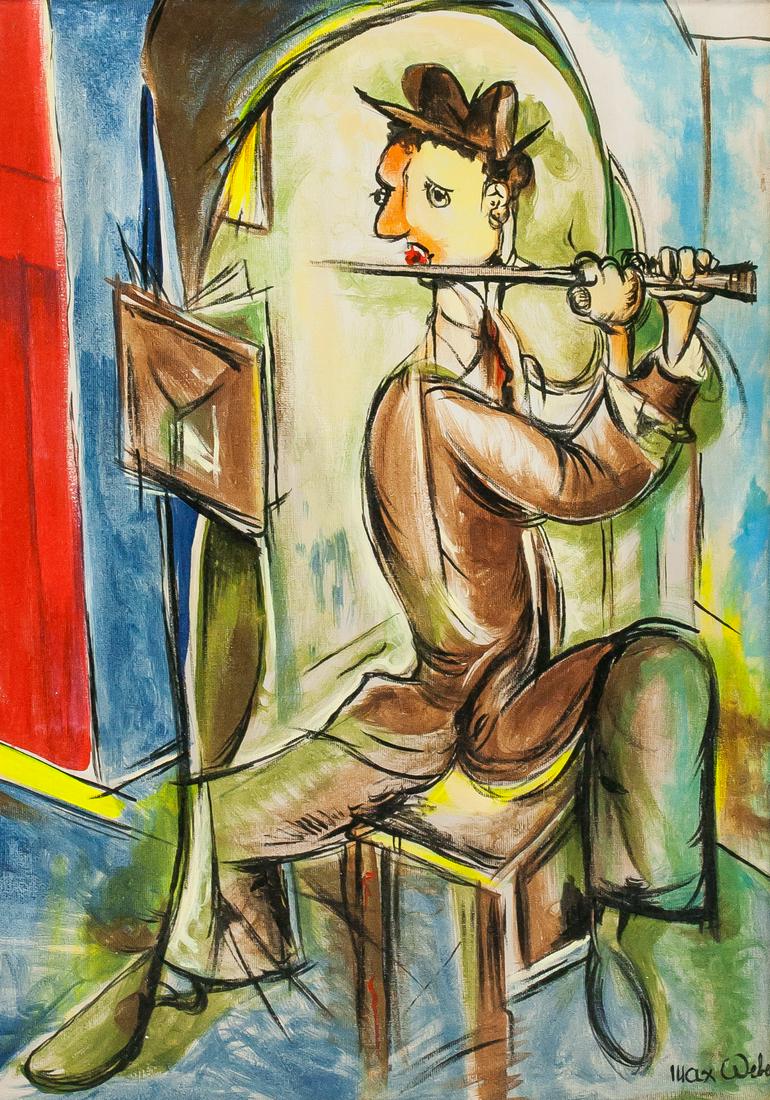 Max Weber American OOC JAMROZ ART GALLERY: Oil on canvas, framed. Featuring a portrait of an instrumentalist. Signed Max Weber on the lower right corner. Gallery label affixed to verso inscribed FROM THE GALLERIES OF ASSOCIATED AMERICAN ARTIST