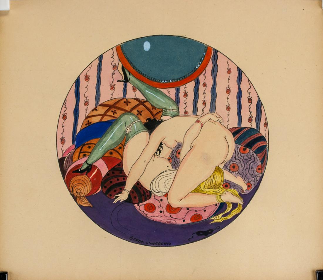Gerda Wegener Danish Mixed Media Mathias Fels: Mixed media on paper. Featuring erotic scene with two women. Signed "Gerda Wegener" in the bottom center. "Galerie Beyeler Paris" stamped on verso. "Galerie Mathias Fels & C 138. BOUL HAUSSMANN - PARI