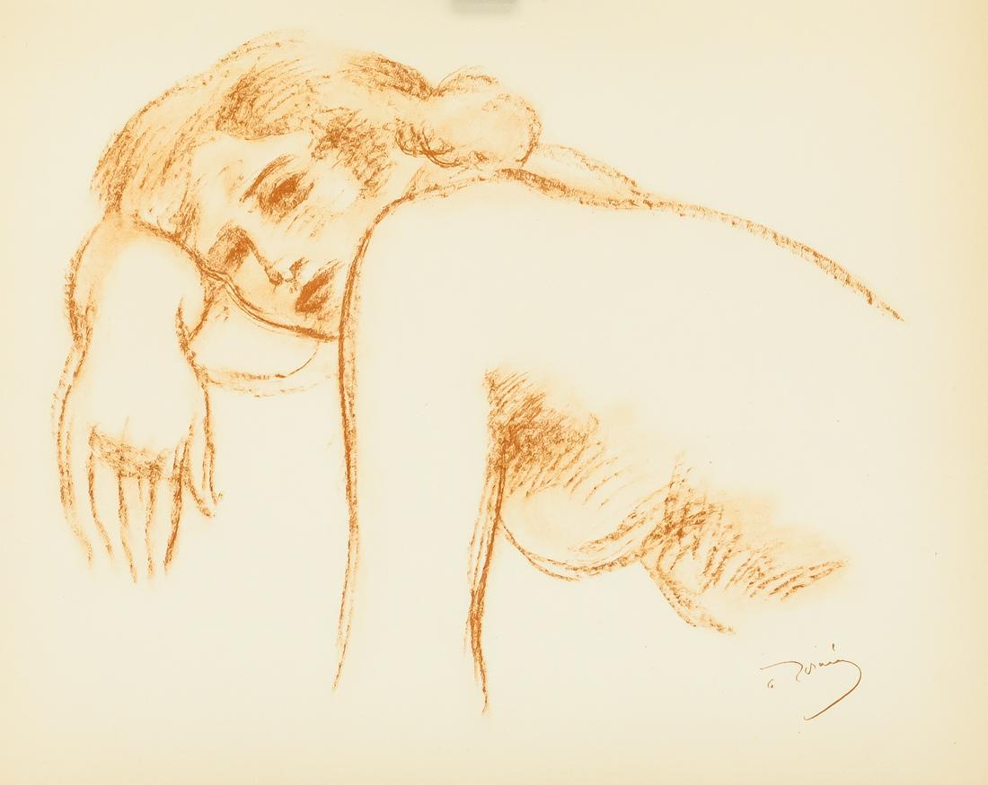 Andre Derain Le Portique French Print on Paper: Print on paper. Featuring portrait of a woman. Signed "a derain" in the bottom right corner. Attributed to Andre Derain (1880-1954, French). 23 x 28 cm (9 x 10.5 in). PROVENANCE: This lot carries limi