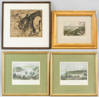 4 Engravings Wallis, Brandard, Radclyffe, Brangwyn: Engravings and prints, framed. Four landscape engravings and prints by Robert Wallis, Robert Brandard, William Radclyffe, and Sir Frank Brangwyn. Framed: 26 x 31 cm (10.25 x 12.5 in) ~ 32 x 33 cm (12.