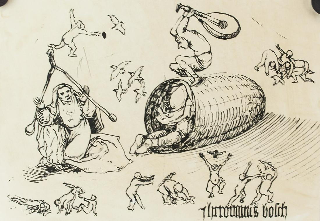 Hieronymus Bosch (after) Dutch Ink on Paper: Ink on paper. Featuring various sketches. Signed illegibly in bottom right corner. "[illegible] lot. 43" inscribed on verso. "inv 37" inscribed on verso. Stamp on verso reads "Antique Galleries London