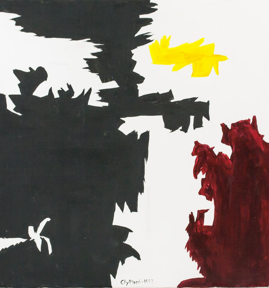 Clyfford Still American Abstract Oil on Canvas "19: Oil on canvas. Featuring abstract composition in black, white, red, and yellow. Signed "Clyfford" in the bottom center with "1957" inscribed beside the signature. Attributed to Clyfford Still (1904-19