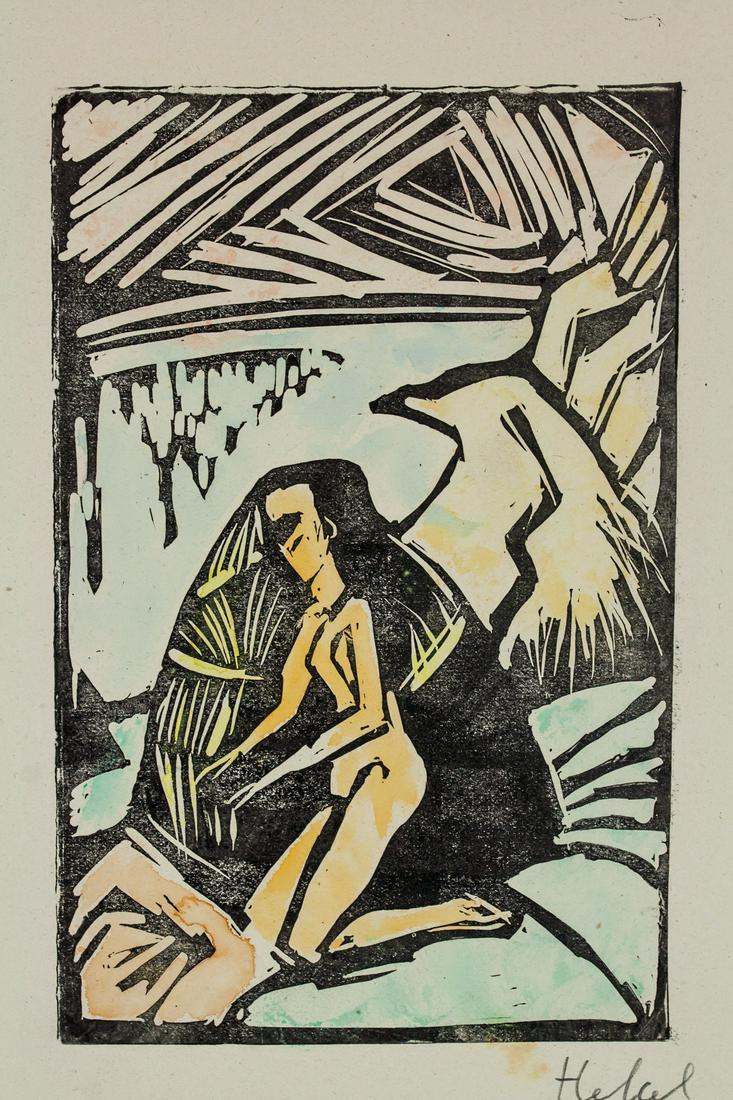 Erich Heckel After German Signed Woodcut No. M6: Woodcut on paper. Featuring a nude figure against backdrop of mountains. Signed Heckel on the lower right corner. After Erich Heckel (1883-1970, German). Stamped LOT No. M6 and stamped 41 on verso. 22