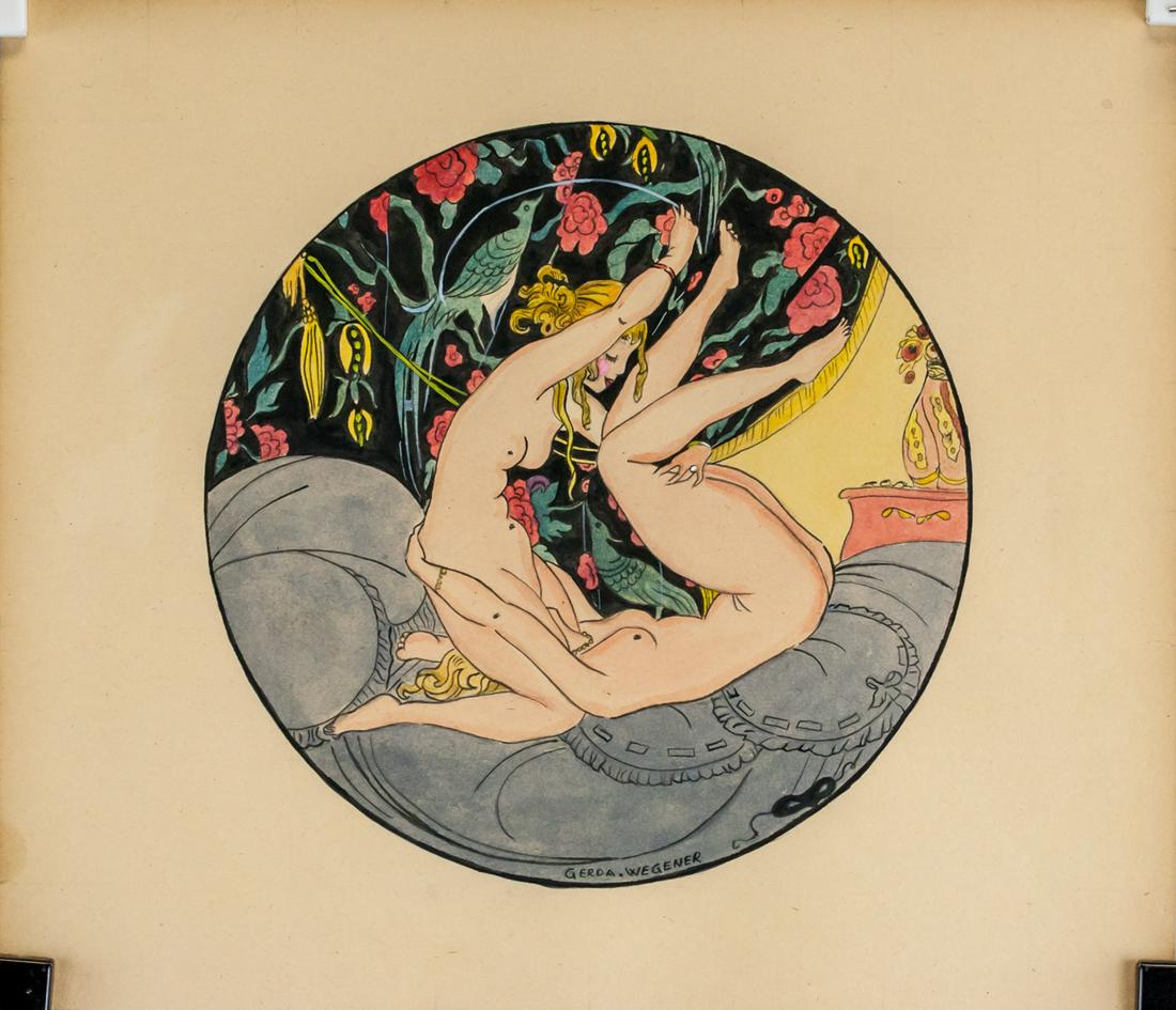 Gerda Wegener Danish Mixed Galerie Mathias Fels: Mixed media on paper. Featuring erotic scene with two women. Signed "Gerda Wegener" in the bottom center. "Galerie Beyeler Paris" stamped on verso. "Galerie Mathias Fels & C 138. BOUL HAUSSMANN - PARI