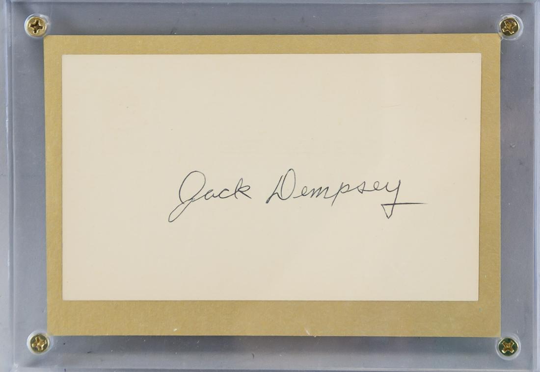 Jack Dempsey Autographed Cut Card with COA: Autographed cut card, signed Jack Dempsey. Accompanied with a certificate of authenticity. 12.5 x 17.5 cm. Photograph not included. William Harrison "Jack" Dempsey (1895-1983), nicknamed "Kid Blackie"