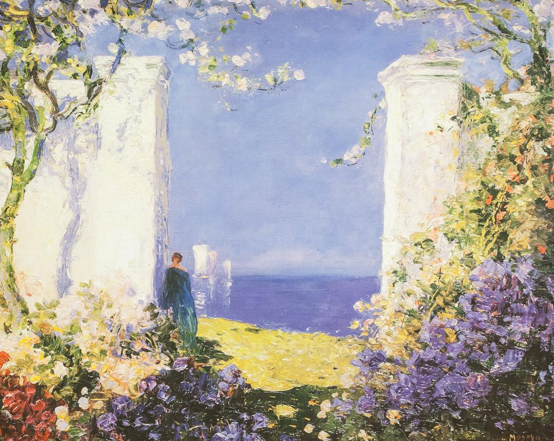 Tom Mostyn English Museum Brushstrokes Collection: The Museum Shop Brushstrokes Collection, reproduction on canvas with applied brush stroke finish, framed. Featuring impressionist composition of a woman in blue standing by tall white gates. Stamp on