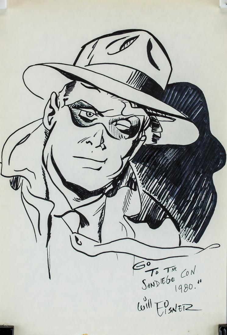 Will Eisner American Pop Mixed Media on Paper: Mixed media on paper. Featuring a portrait. Inscribed Go TO THE SAN DIEGO CON 1980 and signed Will Eisner on the lower right corner. Attributed to Will Erwin Eisner (1917-2005, American). 31 x 20.5 cm