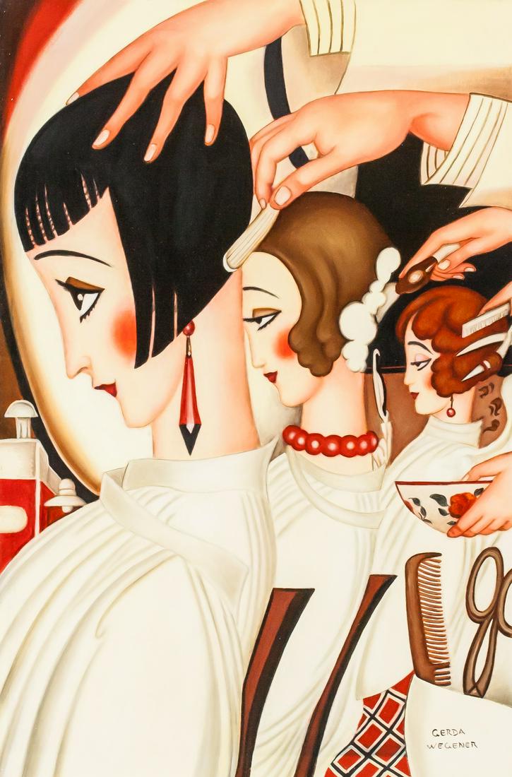 Gerda Wegener Danish Art Deco OOC Galerie Mathias: Oil on canvas. Featuring three woman sitting a row at a hair-salon. Signed "GERDA WEGENER" in the bottom right corner. Label affixed to verso reads "W. Russell Button, Inc. FORMERLY OF ACKERMANNS 408