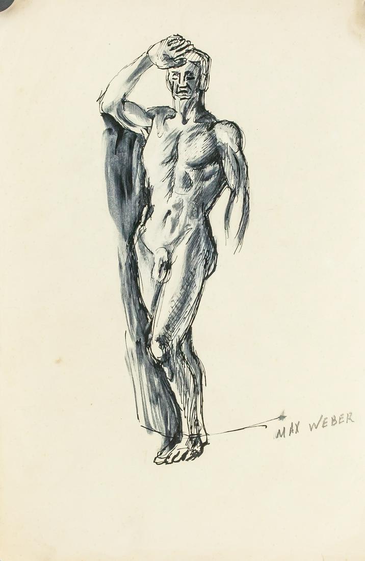 Max Weber American Cubist Mixed Media on Paper: Mixed media on paper. Featuring a nude figure. Signed MAX WEBER on the lower right corner in pencil. Small tear on bottom. Attributed to Max Weber (1881-1961, American). 29.5 x 19 cm (11.5 x 7.5 in).