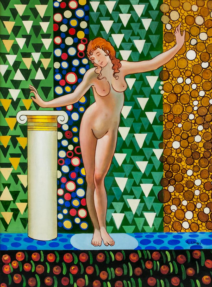 Galileo Chini Italian Art Nouveau Oil on Canvas: Oil on canvas, framed. Featuring a nude portrait. Signed G. CHINI on the lower right corner. Attributed to Galileo Chini (1873-1956, Italian). 80 x 59 cm (31.5 x 23 inches). Framed size: 90 x 60 cm (3